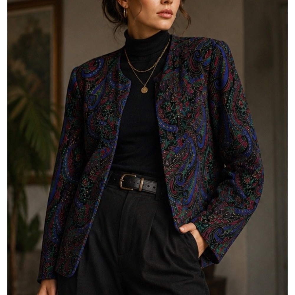 Vintage Tan Jay Paisley Velvet Blazer Jacket Jewel Tone Cotton Made in Canada 14